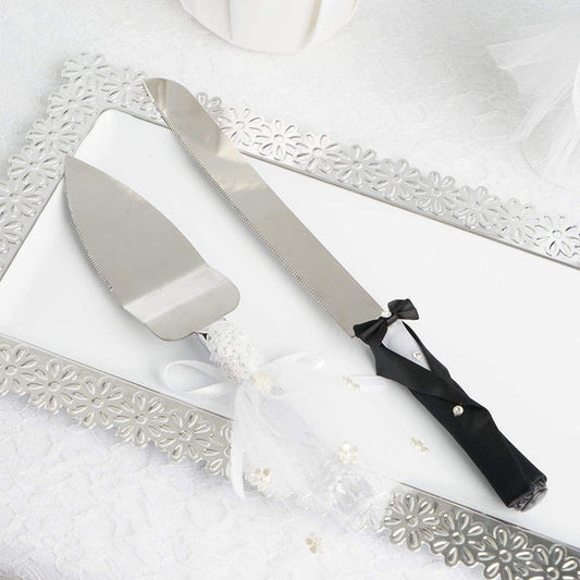 Silver Wedding Cake Knife and Server Set with Groom Bride Handles