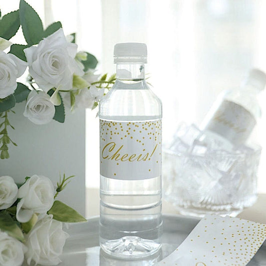 24 White with Gold Cheers Party Water Bottle Stickers Waterproof Labels