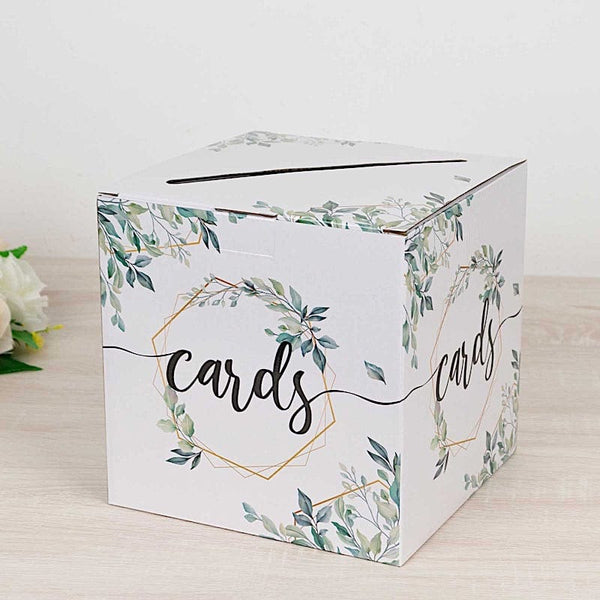 8x8 in White Greenery Theme Money Card Box with Gold Geometric Foil Print