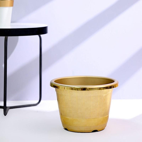 10 in tall Round Plastic Flower Plant Pot with Metallic Barrel Design