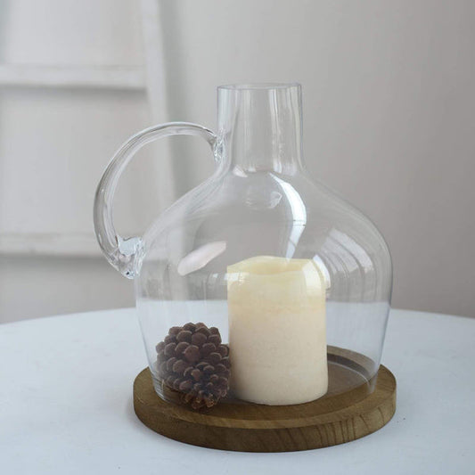 10 in tall Jug with Wooden Base Clear Glass Vase