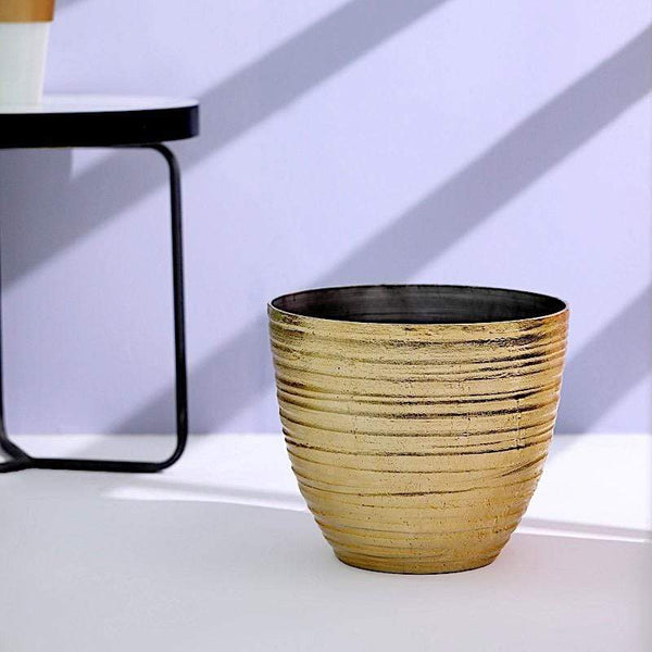 12 in tall Round Metallic Plastic Flower Plant Pot with Horizontal Lines Design