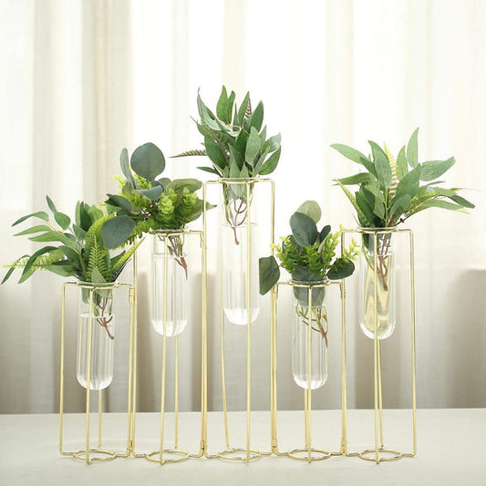 14 in long 5 Gold Jointed Geometric Flower Vase Holders with Glass Test Tubes