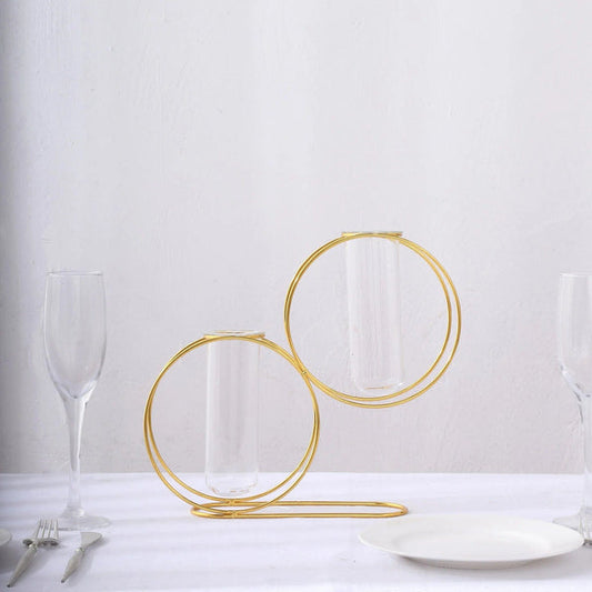 2 Gold 10 in Metal Geometric Double Ring Flower Vases with Clear Glass Tubes