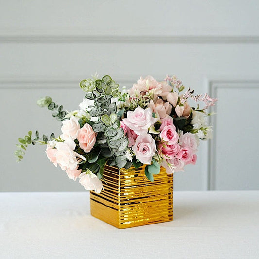 2 Metallic 5 in Square Ceramic Cube Planter Boxes Flower Plant Pots