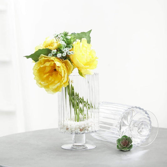 2 pcs Large 9 in tall Clear Glass Vases with Ribbed Design