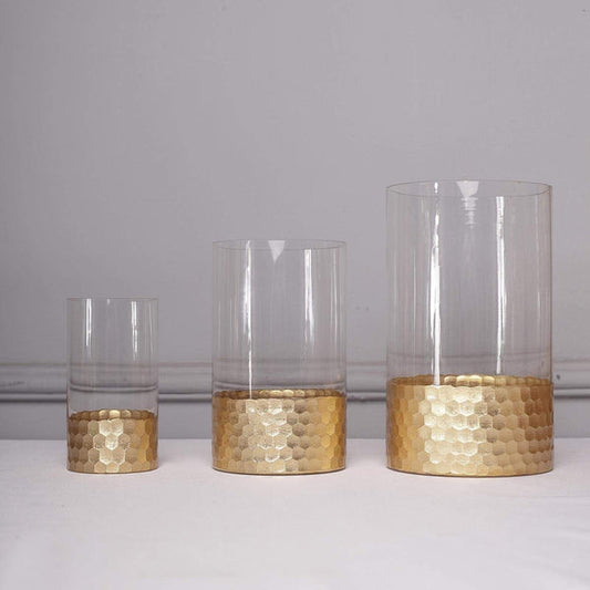 3 pcs Clear with Gold Honeycomb Trim Glass Cylinder Vases