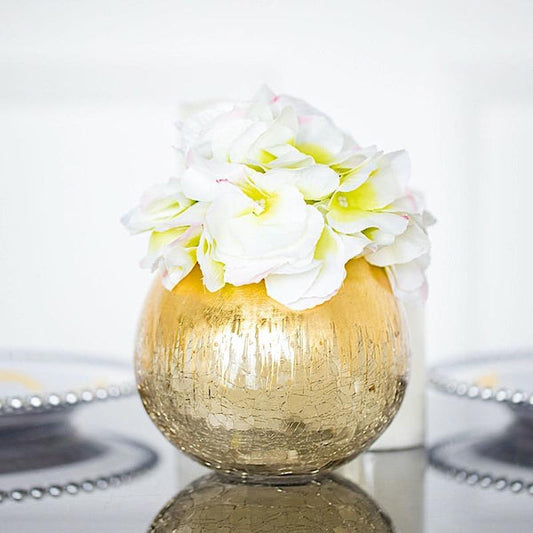 4.5 in tall Gold Crackle Glass Round Candle Holder Vase
