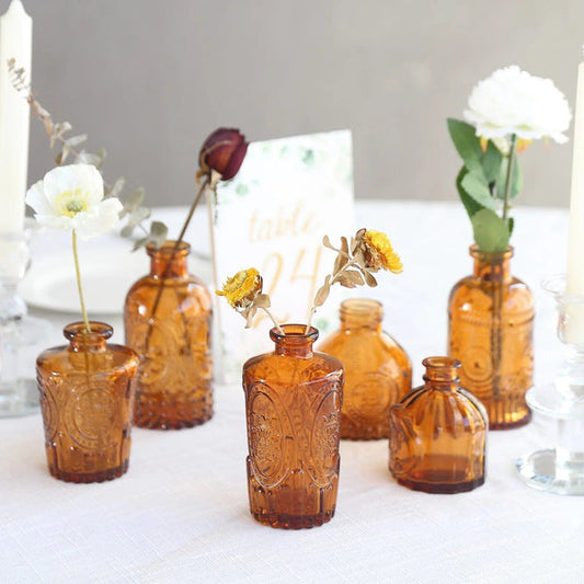 6 Amber Gold Glass Flower Vases with Embossed Vintage Design