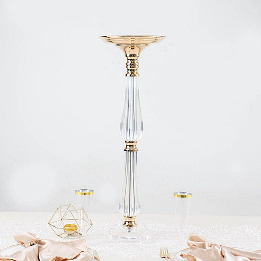 Gold Metal with Clear Acrylic Crystal Pillar Candle Holder Flower Ball Pedestal Stand