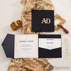 Black & Gold Art Deco Tri-Fold Pocket Wedding Invitation Swpi185T