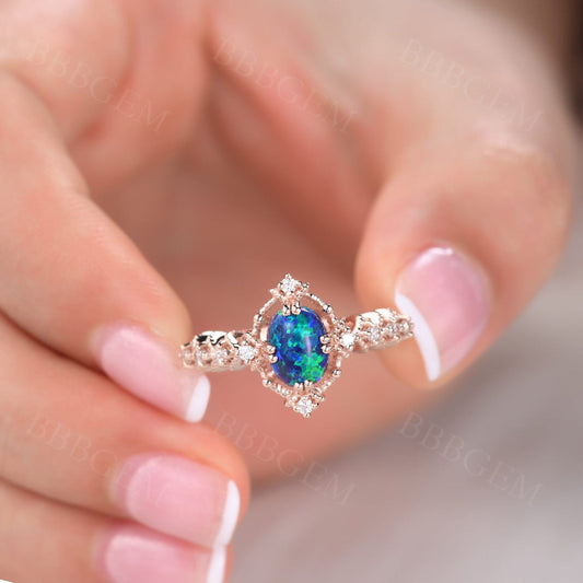 14K/18K Vintage Black Opal Engagement Ring Diamond Band Promise Jewelry