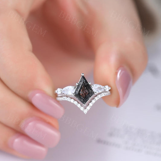 Kite-Shaped Step Cut Black Rutilated Quartz Tourmaline Statement Ring