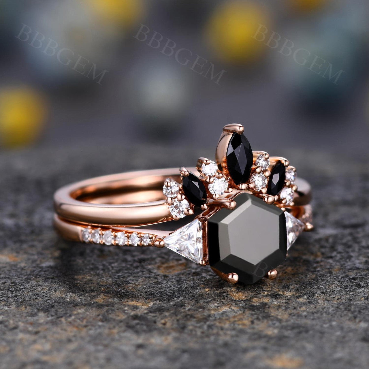 Hexagon Black Onyx Engagement Ring Three Stone Moissanite Black Onyx Jewelry