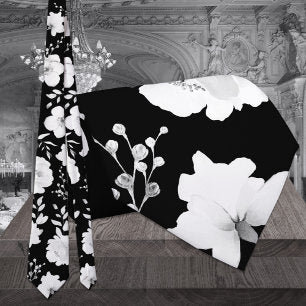 Black & White Garden Peony Wedding Neck Tie