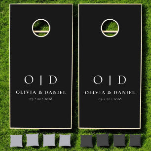 Black White Minimalist Modern Monogram Wedding Cornhole Set