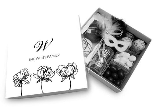 Black & White Floral Design Monogrammed Purim Box (Configure In Color Of Your Choice)