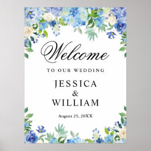 Blue Hydrangea Greenery Chic Wedding Welcome Poster