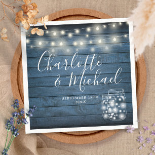 Blue Rustic Wood String Lights Mason Jars Wedding Napkins