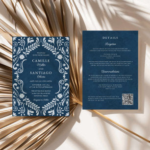 Blue Talavera Mexican QR Code Wedding Invitation