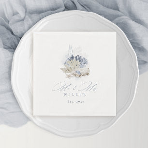Blue watercolor coral & seashells beach Wedding Napkins