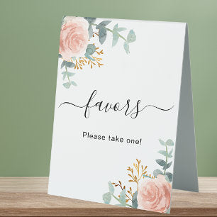 Blush pink floral eucalyptus favors table tent sign