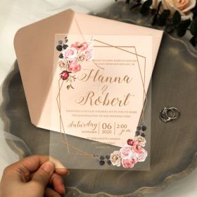 Blush Pink Floral Geometric Clear Acrylic Wedding Invitations CA039