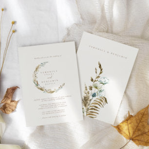 Boho Minimalist Muted Blue & Dried Grass Wedding Invitation