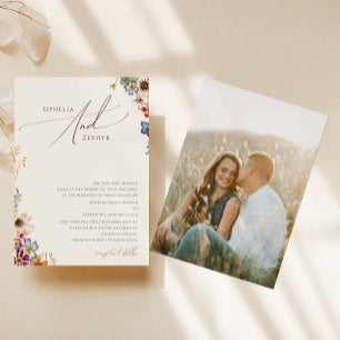 Boho Wildflower Beige Photo Traditional Wedding Invitation