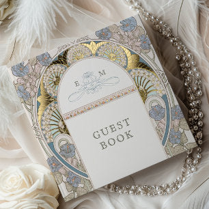 Bougainvillea Blue Gold Wedding Art Nouveau Foil Guest Book