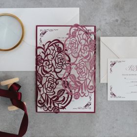 Burgundy Rose Pattern Laser Cut Wedding Invitations Swws091
