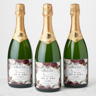 Burgundy Blush Floral Wedding Gold Butterflies Sparkling Wine Label