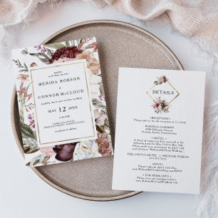 Burgundy Boho Floral All In One Wedding Invitation