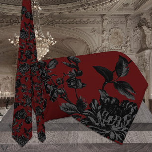 Burgundy Dark Red & Black Floral Wedding Neck Tie