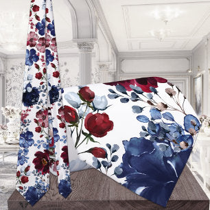 Burgundy Navy Poppy & Peony Garden Wedding Neck Tie