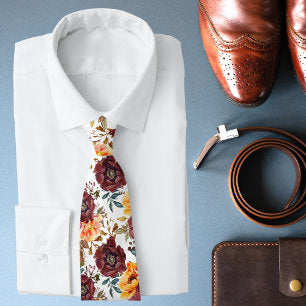 Burgundy Orange Rustic Autumn Watercolor Floral Neck Tie