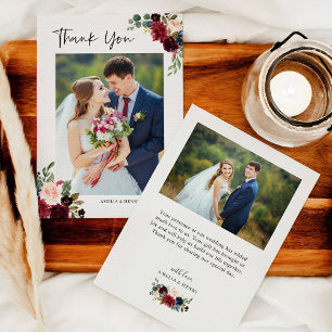 Burgundy Red Blush Floral Modern Wedding 2 Photo Thank You Card
