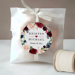Burgundy Red Blush Floral Wreath Wedding Favor Classic Round Sticker