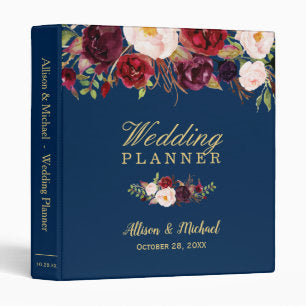 Burgundy Red Floral Navy Blue Gold Wedding Planner Binder