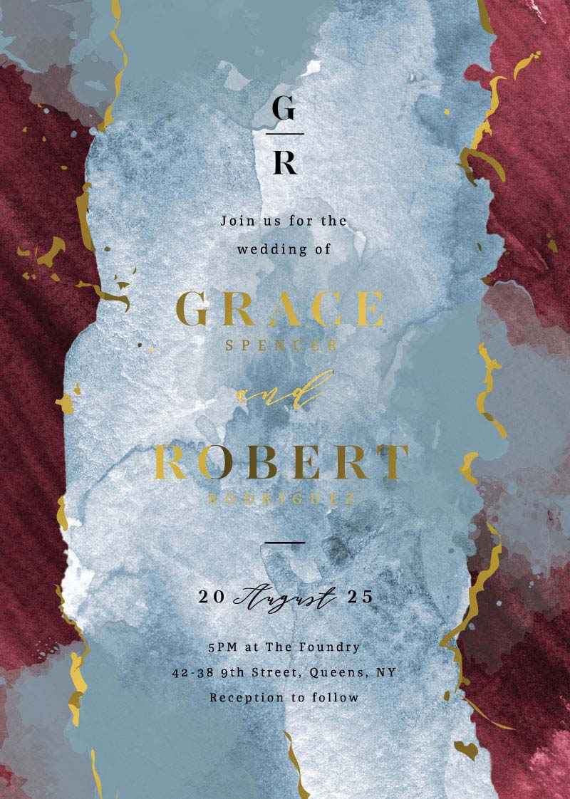 Burgundy Blue Wedding Invitations by Yunita Y.