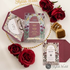 Byzantine Burgundy & Gold Floral Acrylic Wedding Invitation Swal159