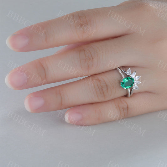 Emerald Engagement Set Diamond Curved Stacking Band Bridal Ring Set