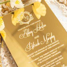 Chic White Monogramm on Gold Mirror Acrylic Wedding Invites CAJ002