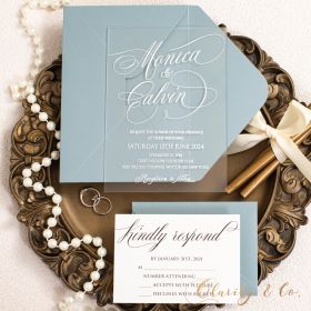 .04″ Affordable Simple Elegant White Callligraphy Acrylic Wedding Invitations CAX026