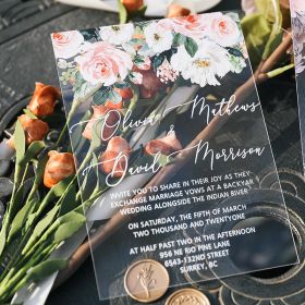 Blush Dusty Rose Floral Acrylic Glass Wedding Invitations CAX044