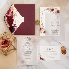 Gorgeous Rivet Vellum Overlay With Burgundy Floral And Gold Frame Wedding Invitations CDI027