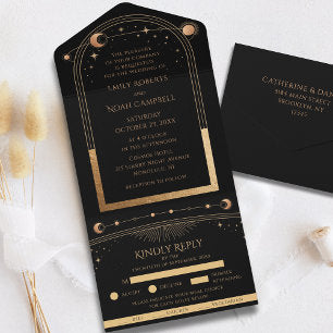 Celestial Black Gold Sun Moon Astronomy Wedding All In One Invitation