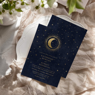 Celestial Midnight Blue Stars Moon Wedding Invitation