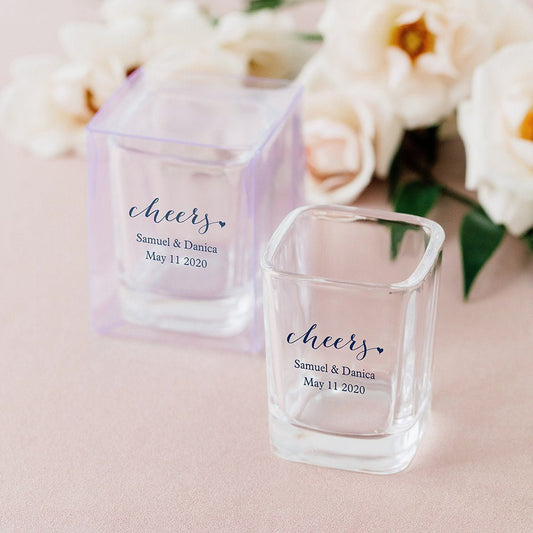 Cheers Square Shot Glass Printed Wedding Favor