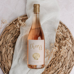 Cheers Blush Pink Gold Coastal Beach Wedding Wine Label